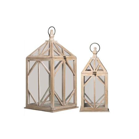 URBAN TRENDS COLLECTION Wood Square Lantern with Ring Hanger & Diamond Design Body, Natural Wood & Light Brown, 2PK 11330